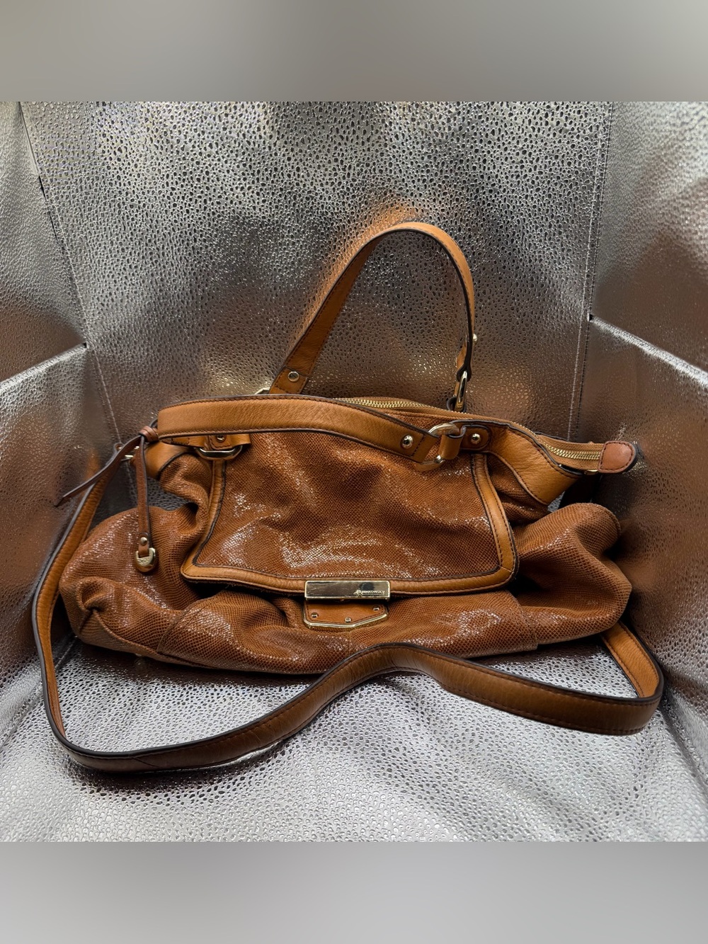 B. Makowsky Lombard Lizard Embossed Leather Convertible Satchel - Cognac Brown